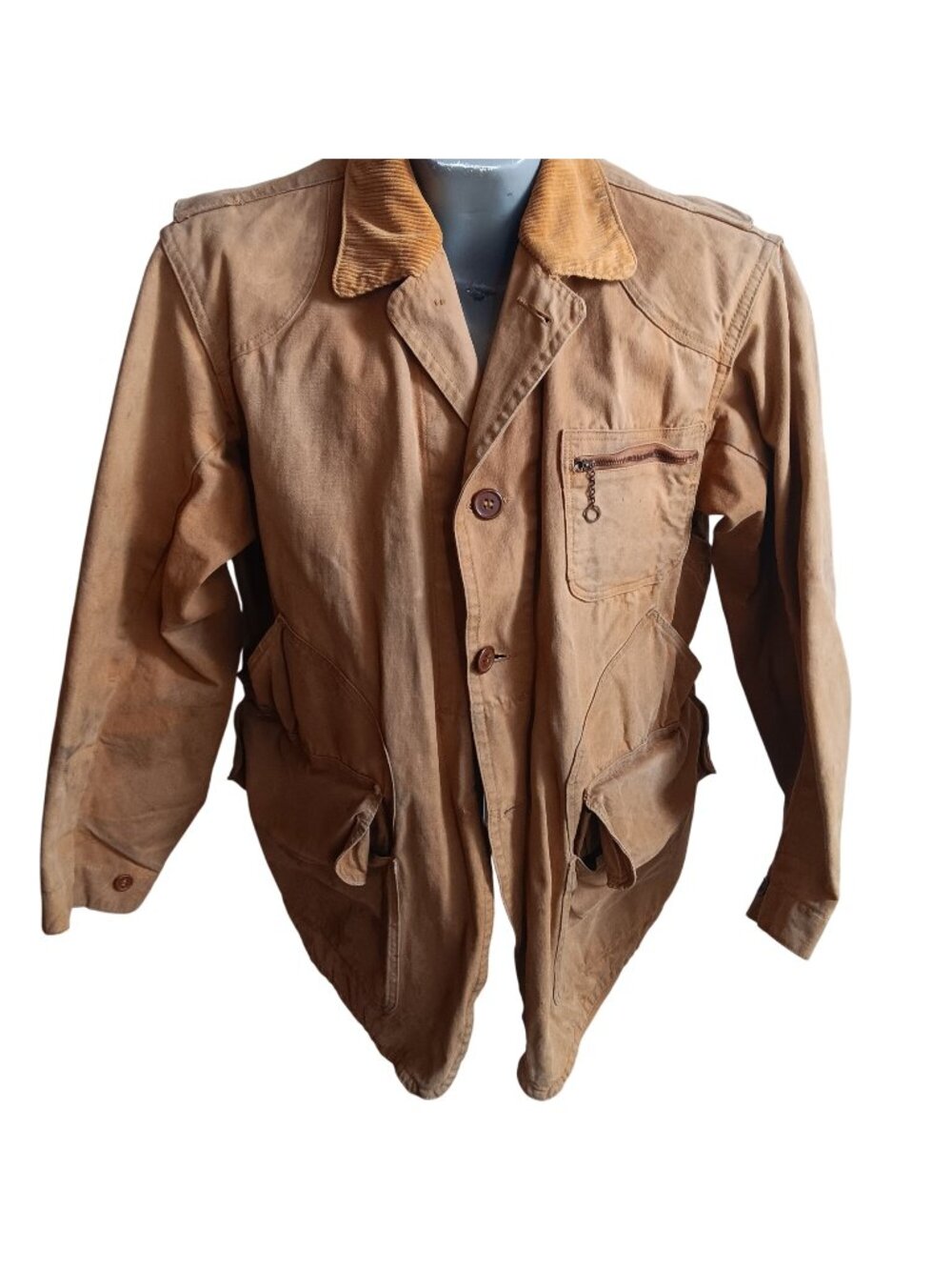 Large Vintage 1950s Tin Cloth Corduroy Collar Hunting Jacket With Shell Pockets